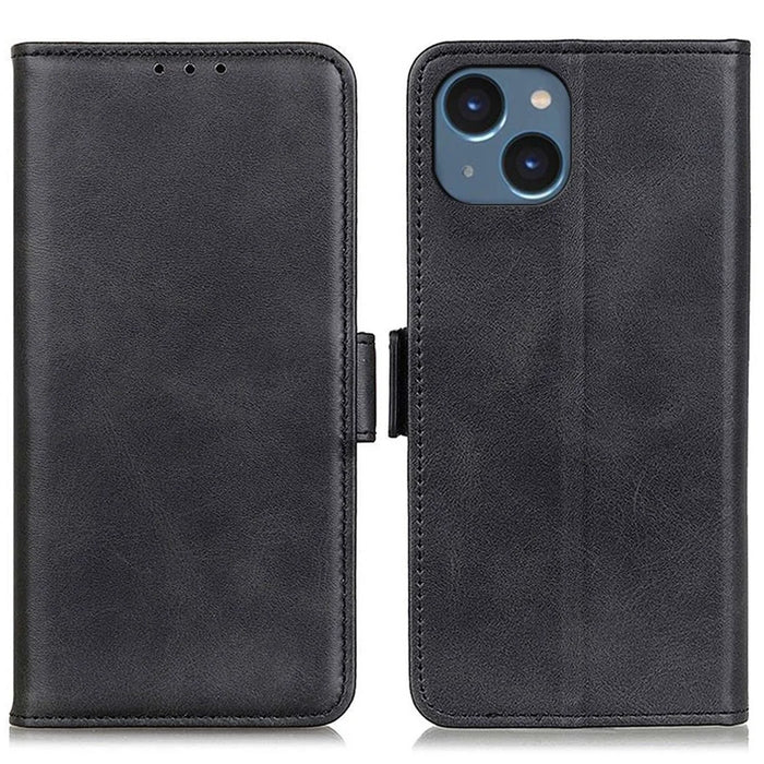 For iPhone 14 6.1 inch Textured Leather Flip Folio Wallet Case Dual Magnetic Clasps Protect Folding Stand Cover - Black - 1