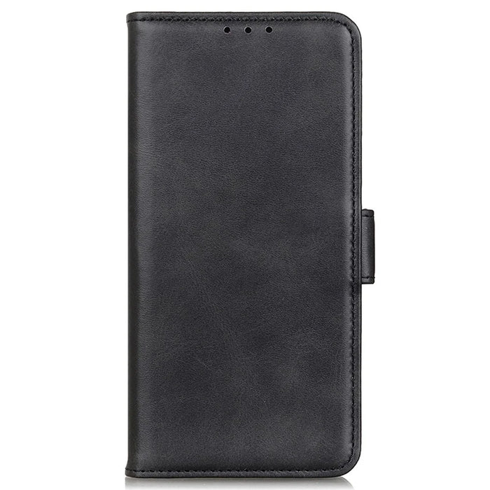 For iPhone 14 6.1 inch Textured Leather Flip Folio Wallet Case Dual Magnetic Clasps Protect Folding Stand Cover - Black - 6