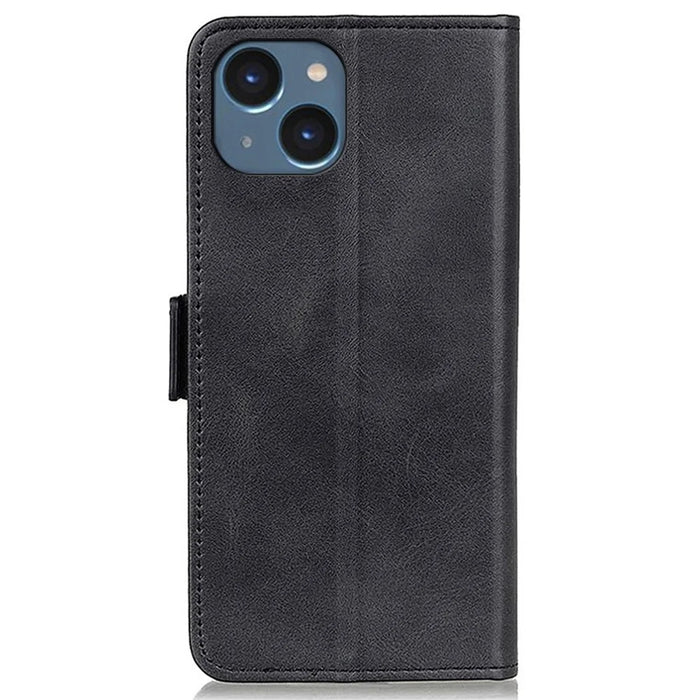 For iPhone 14 6.1 inch Textured Leather Flip Folio Wallet Case Dual Magnetic Clasps Protect Folding Stand Cover - Black - 7