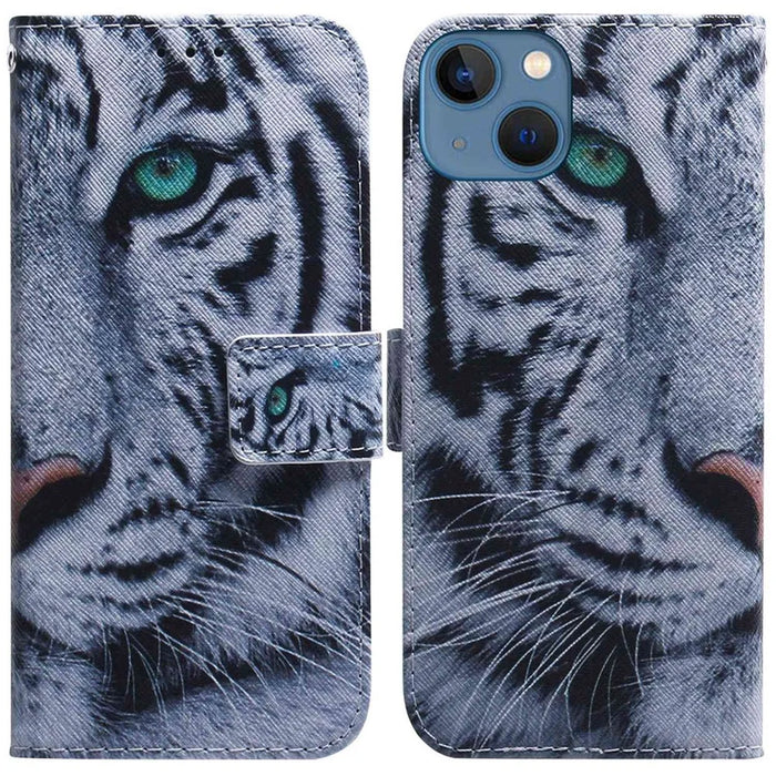 Pattern Printing Phone Case for iPhone 14 6.1 inch, PU Leather Wallet Flip Folio Case Adjustable Stand Shell - Tiger Head - 1