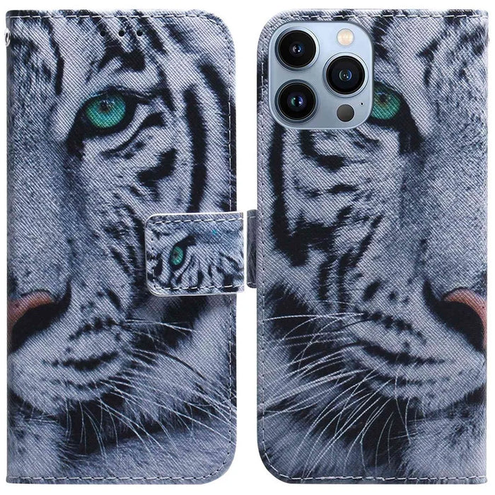 Wallet Stand Phone Cover for iPhone 14 Pro 6.1 inch, PU Leather Pattern Printing Shockproof Case - Tiger Head - 1