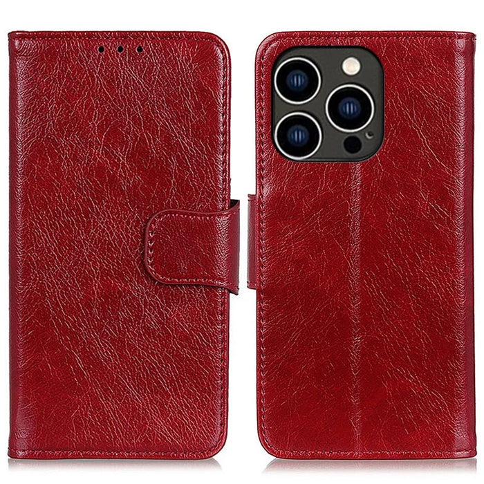 For iPhone 14 Pro 6.1 inch Split Leather Nappa Texture Phone Case with Magnetic Closure Stand Wallet Shockproof Phone Cover - Red - 1
