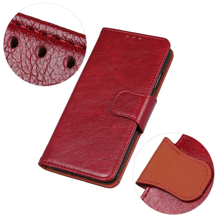 For iPhone 14 Pro 6.1 inch Split Leather Nappa Texture Phone Case with Magnetic Closure Stand Wallet Shockproof Phone Cover - Red - 5