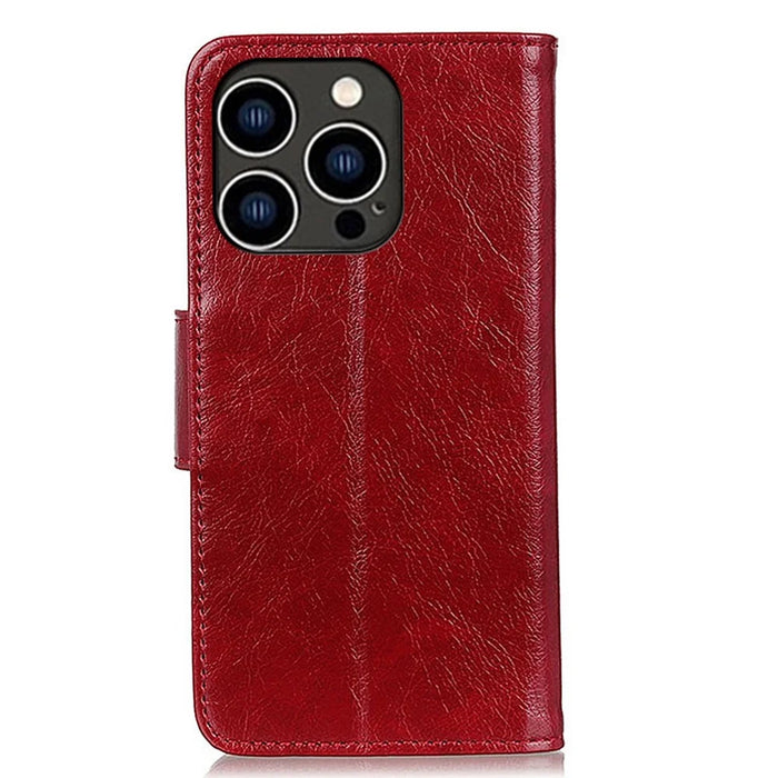 For iPhone 14 Pro 6.1 inch Split Leather Nappa Texture Phone Case with Magnetic Closure Stand Wallet Shockproof Phone Cover - Red - 7