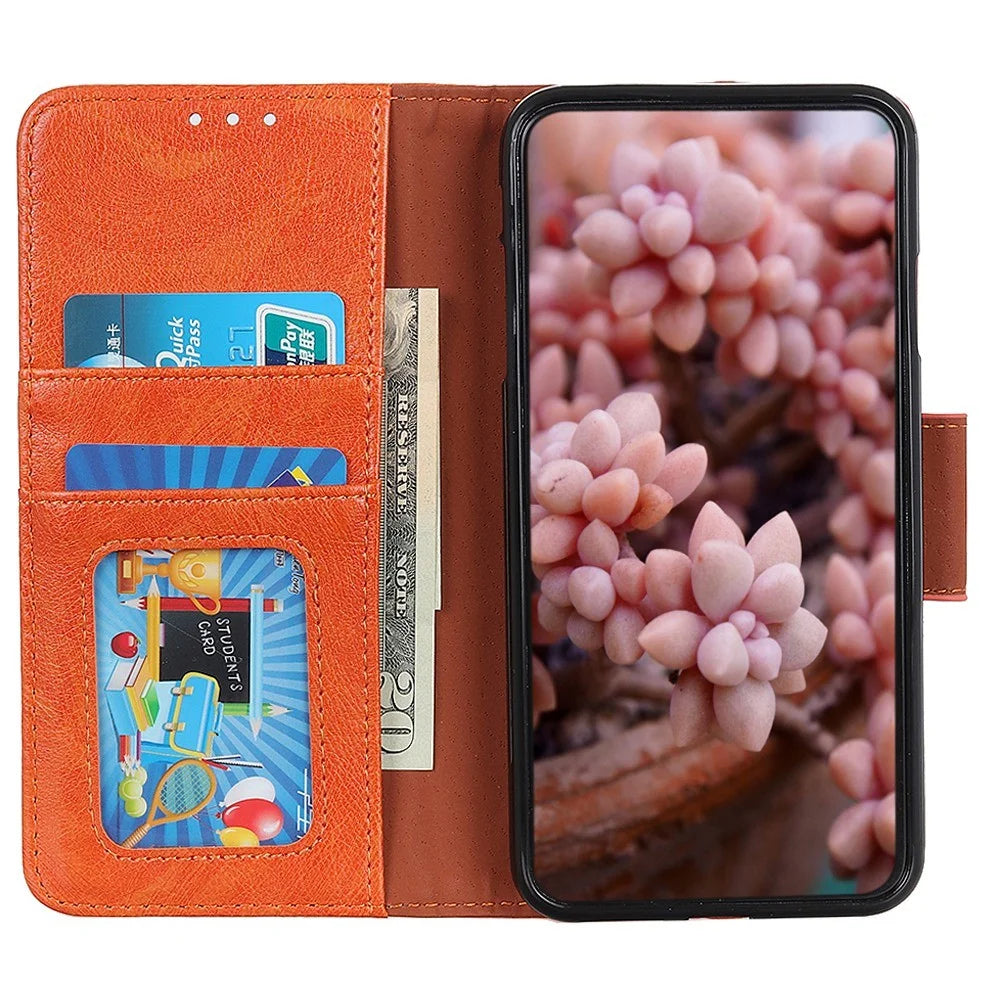 For iPhone 14 Pro Max 6.7 inch Protective Phone Cover with Card Slots Split Leather Nappa Texture Case Magnetic Closure Stand Wallet Phone Shell - Orange - 3
