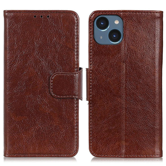 Split Leather Nappa Texture Phone Case for iPhone 14 6.1 inch, Magnetic Closure Stand Wallet Anti-drop Phone Cover Shockproof Mobile Phone Shell - Brown - 1