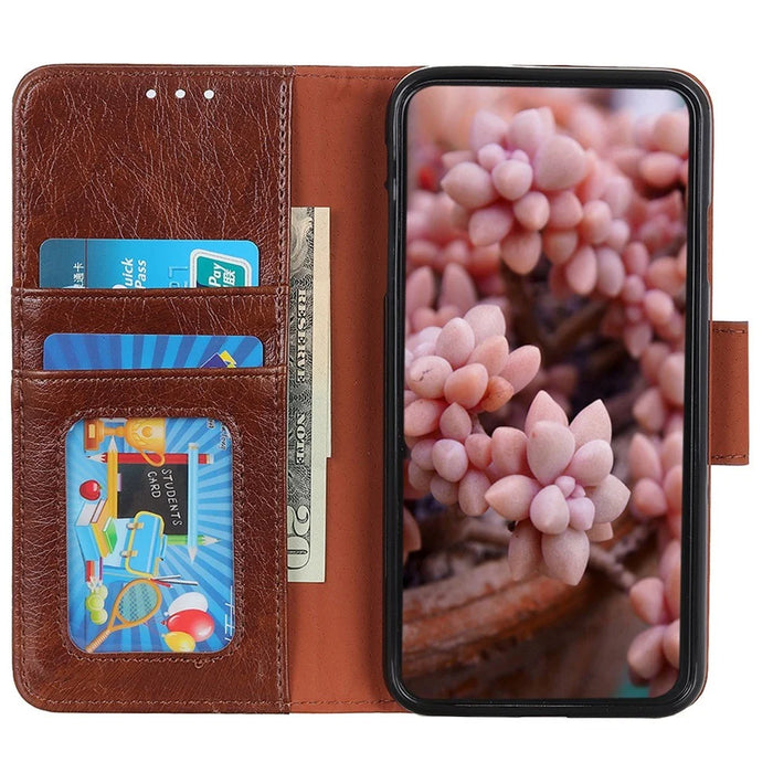 Split Leather Nappa Texture Phone Case for iPhone 14 6.1 inch, Magnetic Closure Stand Wallet Anti-drop Phone Cover Shockproof Mobile Phone Shell - Brown - 3