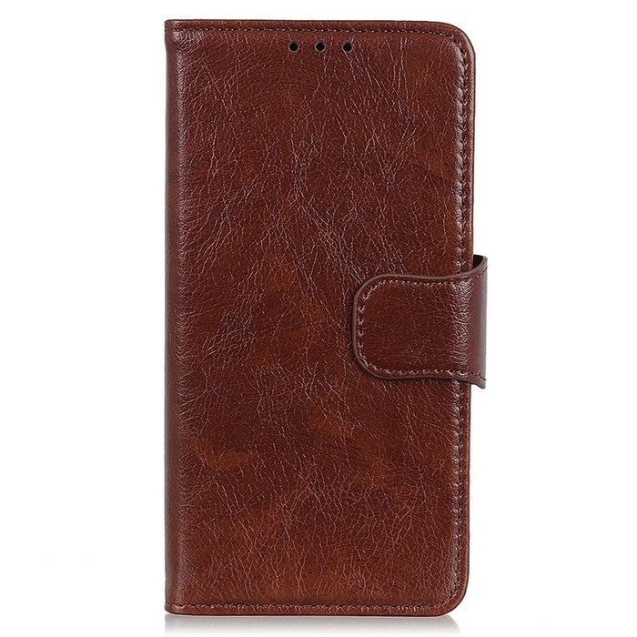 Split Leather Nappa Texture Phone Case for iPhone 14 6.1 inch, Magnetic Closure Stand Wallet Anti-drop Phone Cover Shockproof Mobile Phone Shell - Brown - 6