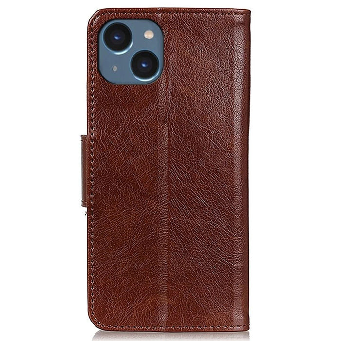 Split Leather Nappa Texture Phone Case for iPhone 14 6.1 inch, Magnetic Closure Stand Wallet Anti-drop Phone Cover Shockproof Mobile Phone Shell - Brown - 7
