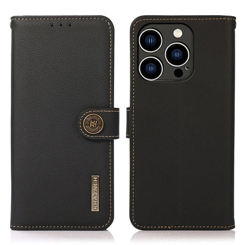 KHAZNEH For iPhone 14 Pro 6.1 inch Genuine Leather RFID Blocking Flip Magnetic Wallet Case Stand Shockproof Flip Folio Book Phone Cover - Black - 1