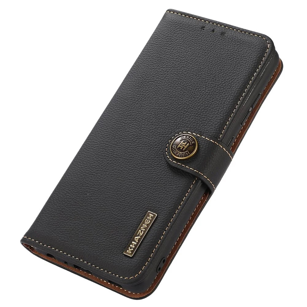 KHAZNEH For iPhone 14 Pro 6.1 inch Genuine Leather RFID Blocking Flip Magnetic Wallet Case Stand Shockproof Flip Folio Book Phone Cover - Black - 6