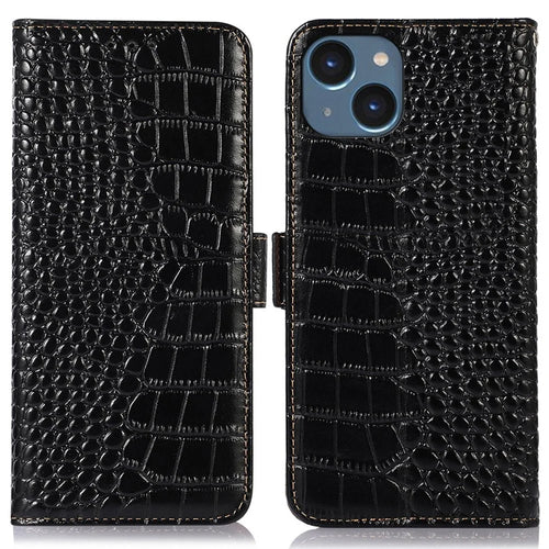 Crocodile Texture Phone Case for iPhone 14 6.1 inch, Genuine Cowhide Leather RFID Blocking Stand Wallet Cover - Black - 1