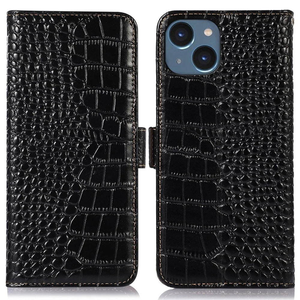 Crocodile Texture Phone Case for iPhone 14 6.1 inch, Genuine Cowhide Leather RFID Blocking Stand Wallet Cover - Black - 1