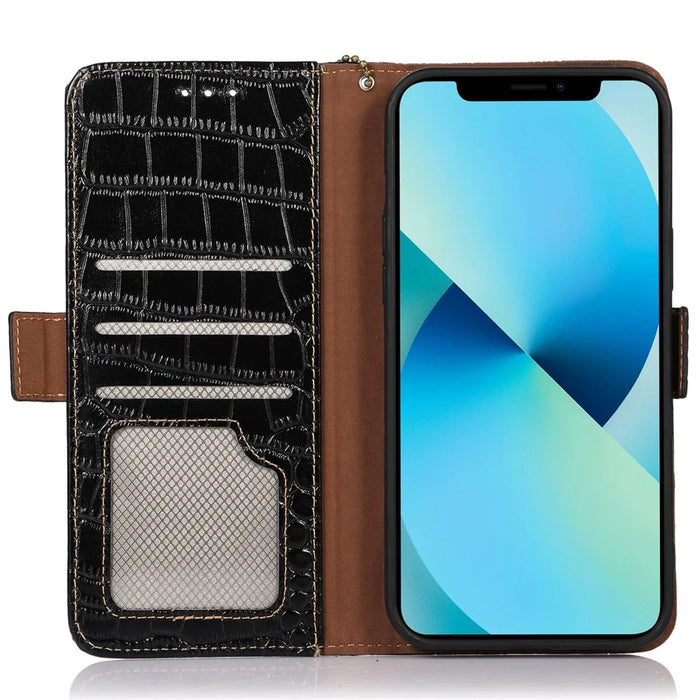 Crocodile Texture Phone Case for iPhone 14 6.1 inch, Genuine Cowhide Leather RFID Blocking Stand Wallet Cover - Black - 2