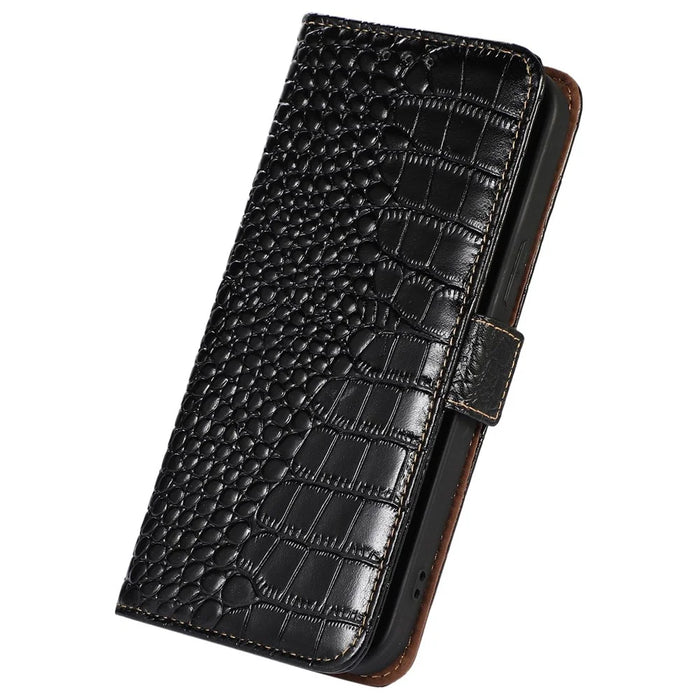 Crocodile Texture Phone Case for iPhone 14 6.1 inch, Genuine Cowhide Leather RFID Blocking Stand Wallet Cover - Black - 6