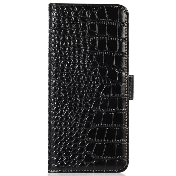 Crocodile Texture Phone Case for iPhone 14 6.1 inch, Genuine Cowhide Leather RFID Blocking Stand Wallet Cover - Black - 7