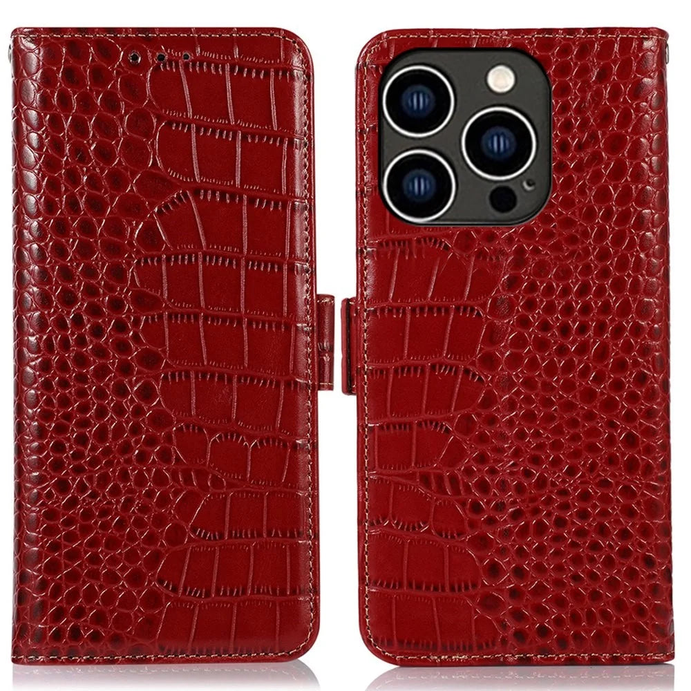 Crocodile Texture Phone Case for iPhone 14 Pro 6.1 inch, Genuine Cowhide Leather Magnetic Clasp RFID Blocking Shell with Stand Wallet - Red - 1
