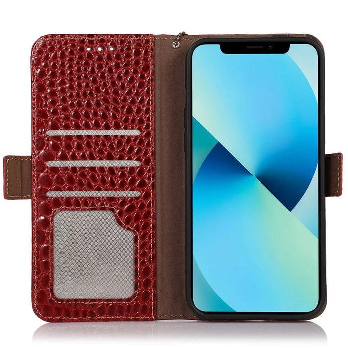 Crocodile Texture Phone Case for iPhone 14 Pro 6.1 inch, Genuine Cowhide Leather Magnetic Clasp RFID Blocking Shell with Stand Wallet - Red - 2