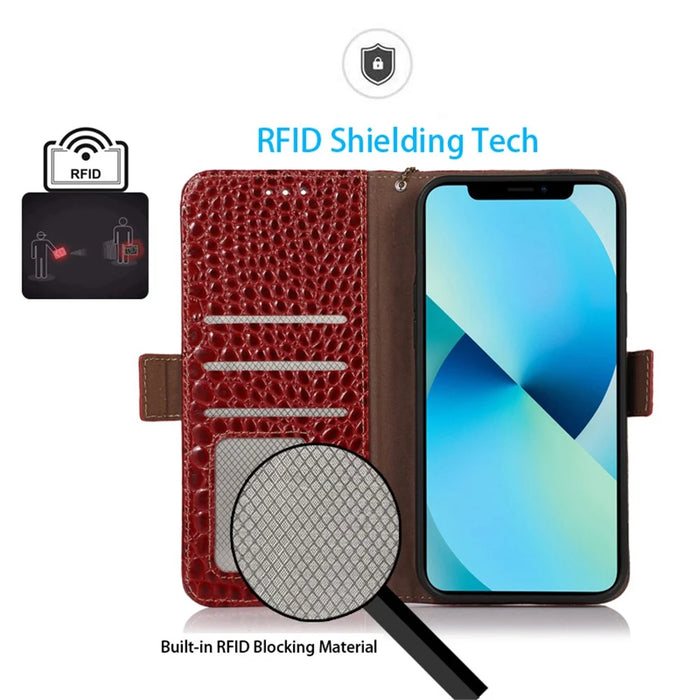 Crocodile Texture Phone Case for iPhone 14 Pro 6.1 inch, Genuine Cowhide Leather Magnetic Clasp RFID Blocking Shell with Stand Wallet - Red - 4