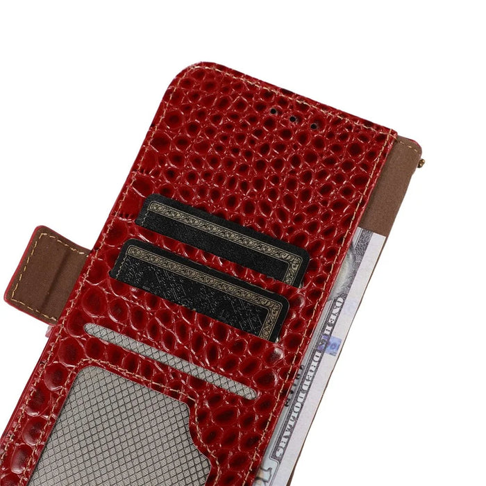 Crocodile Texture Phone Case for iPhone 14 Pro 6.1 inch, Genuine Cowhide Leather Magnetic Clasp RFID Blocking Shell with Stand Wallet - Red - 5
