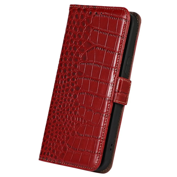 Crocodile Texture Phone Case for iPhone 14 Pro 6.1 inch, Genuine Cowhide Leather Magnetic Clasp RFID Blocking Shell with Stand Wallet - Red - 6