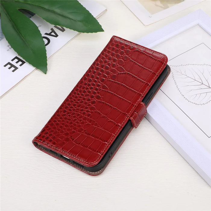 Crocodile Texture Phone Case for iPhone 14 Pro 6.1 inch, Genuine Cowhide Leather Magnetic Clasp RFID Blocking Shell with Stand Wallet - Red - 7