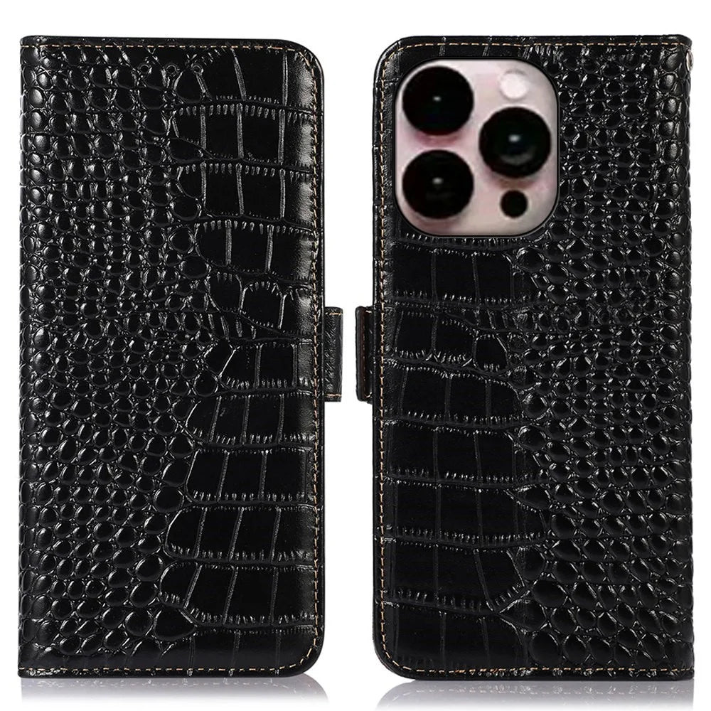 For iPhone 14 Pro Max 6.7 inch RFID Blocking Genuine Cowhide Leather Phone Case Crocodile Texture Stand Wallet Protective Cover - Black - 1
