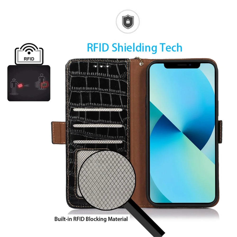 For iPhone 14 Pro Max 6.7 inch RFID Blocking Genuine Cowhide Leather Phone Case Crocodile Texture Stand Wallet Protective Cover - Black - 5
