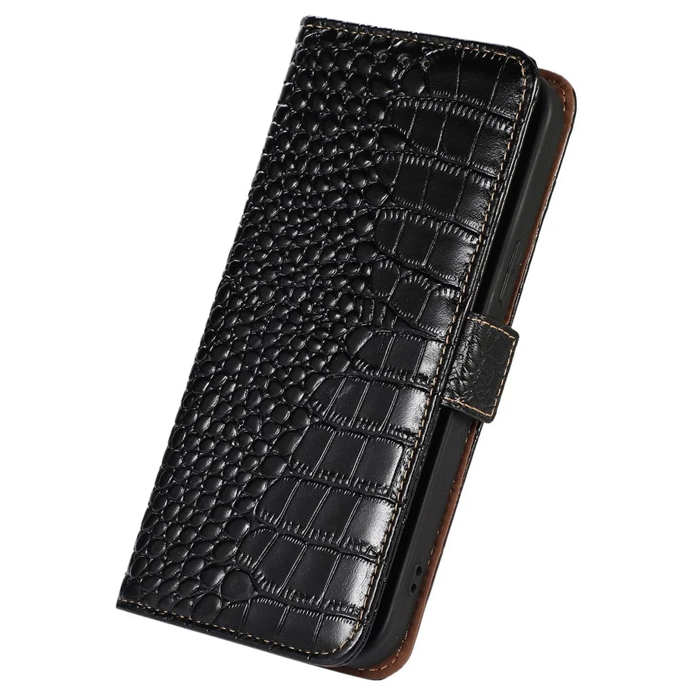 For iPhone 14 Pro Max 6.7 inch RFID Blocking Genuine Cowhide Leather Phone Case Crocodile Texture Stand Wallet Protective Cover - Black - 6