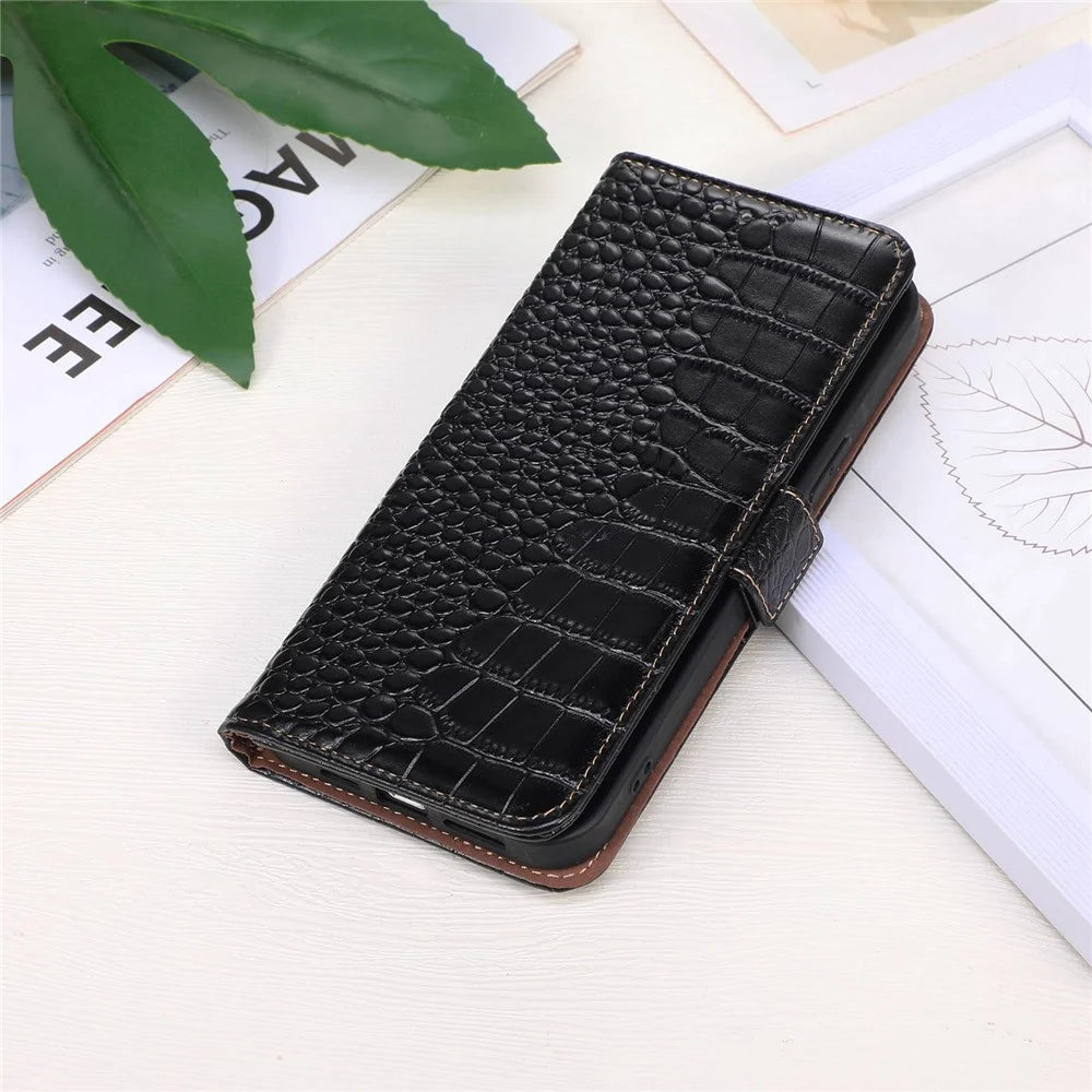 For iPhone 14 Pro Max 6.7 inch RFID Blocking Genuine Cowhide Leather Phone Case Crocodile Texture Stand Wallet Protective Cover - Black - 7