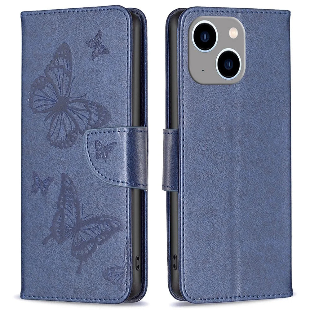 For iPhone 14 Plus Wallet Case Imprinted Butterflies Leather Phone Cover with Strap - Dark Blue - 1