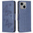 For iPhone 14 Plus Wallet Case Imprinted Butterflies Leather Phone Cover with Strap - Dark Blue - 1