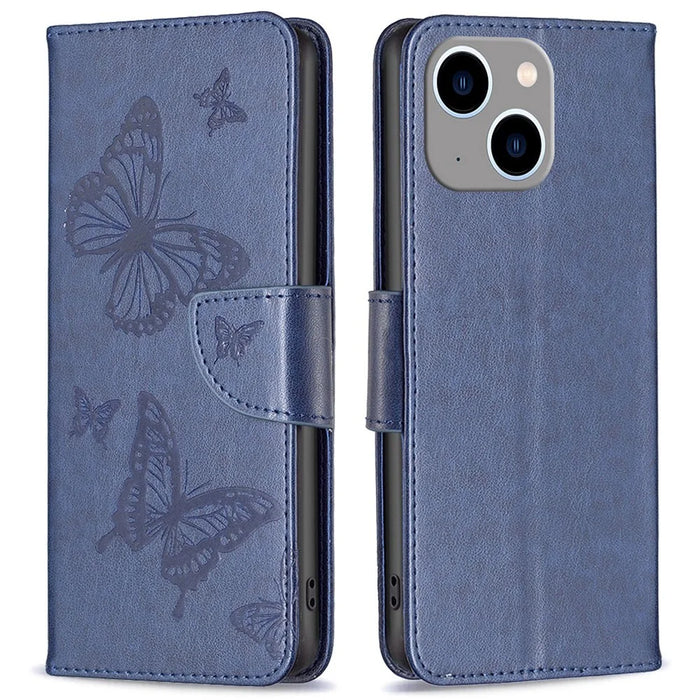 For iPhone 14 Plus Wallet Case Imprinted Butterflies Leather Phone Cover with Strap - Dark Blue - 1