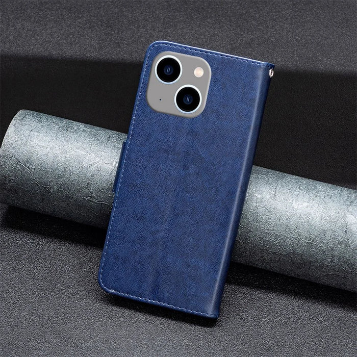 For iPhone 14 Plus Wallet Case Imprinted Butterflies Leather Phone Cover with Strap - Dark Blue - 4