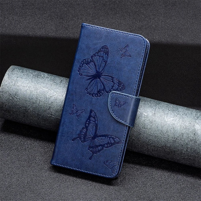 For iPhone 14 Plus Wallet Case Imprinted Butterflies Leather Phone Cover with Strap - Dark Blue - 5