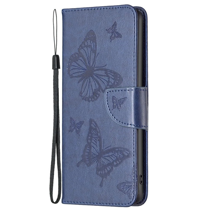 For iPhone 14 Plus Wallet Case Imprinted Butterflies Leather Phone Cover with Strap - Dark Blue - 6