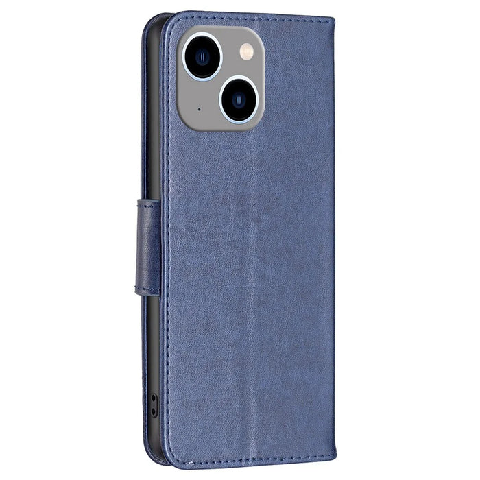 For iPhone 14 Plus Wallet Case Imprinted Butterflies Leather Phone Cover with Strap - Dark Blue - 7