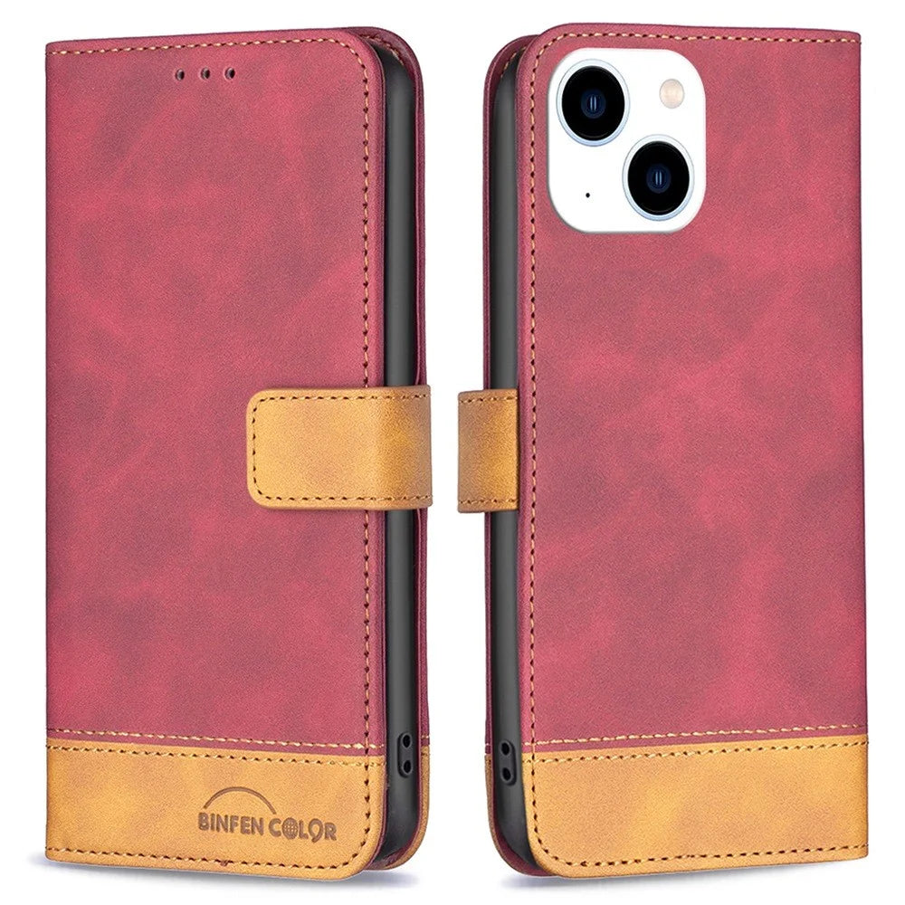 BINFEN COLOR for iPhone 14 Case Color Splicing Skin Touch Leather Phone Cover Wallet Stand - Red - 1