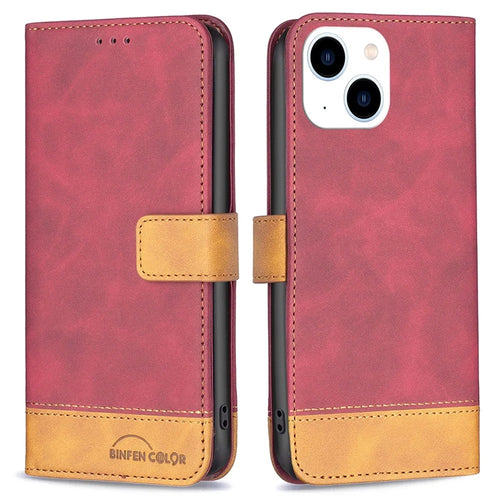 BINFEN COLOR for iPhone 14 Case Color Splicing Skin Touch Leather Phone Cover Wallet Stand - Red - 1