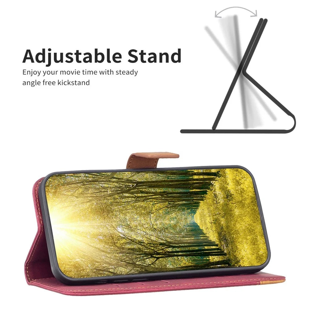 BINFEN COLOR for iPhone 14 Case Color Splicing Skin Touch Leather Phone Cover Wallet Stand - Red - 2