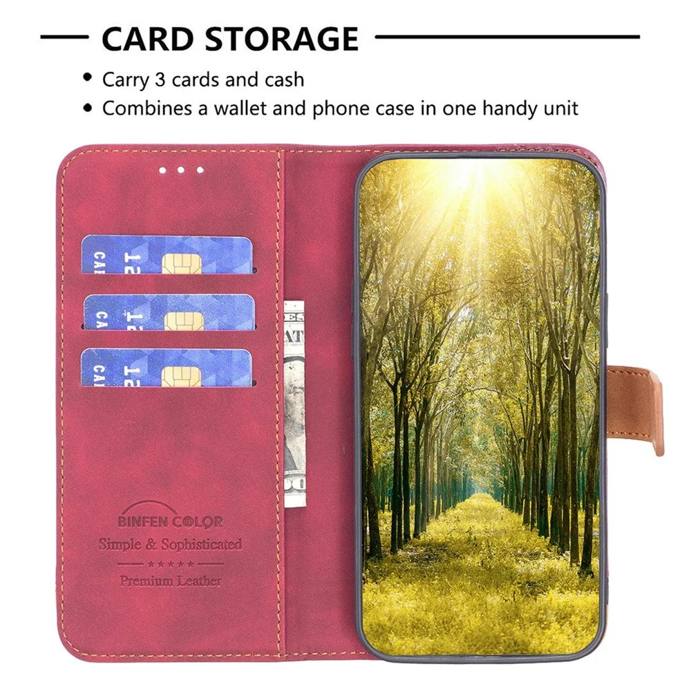 BINFEN COLOR for iPhone 14 Case Color Splicing Skin Touch Leather Phone Cover Wallet Stand - Red - 3
