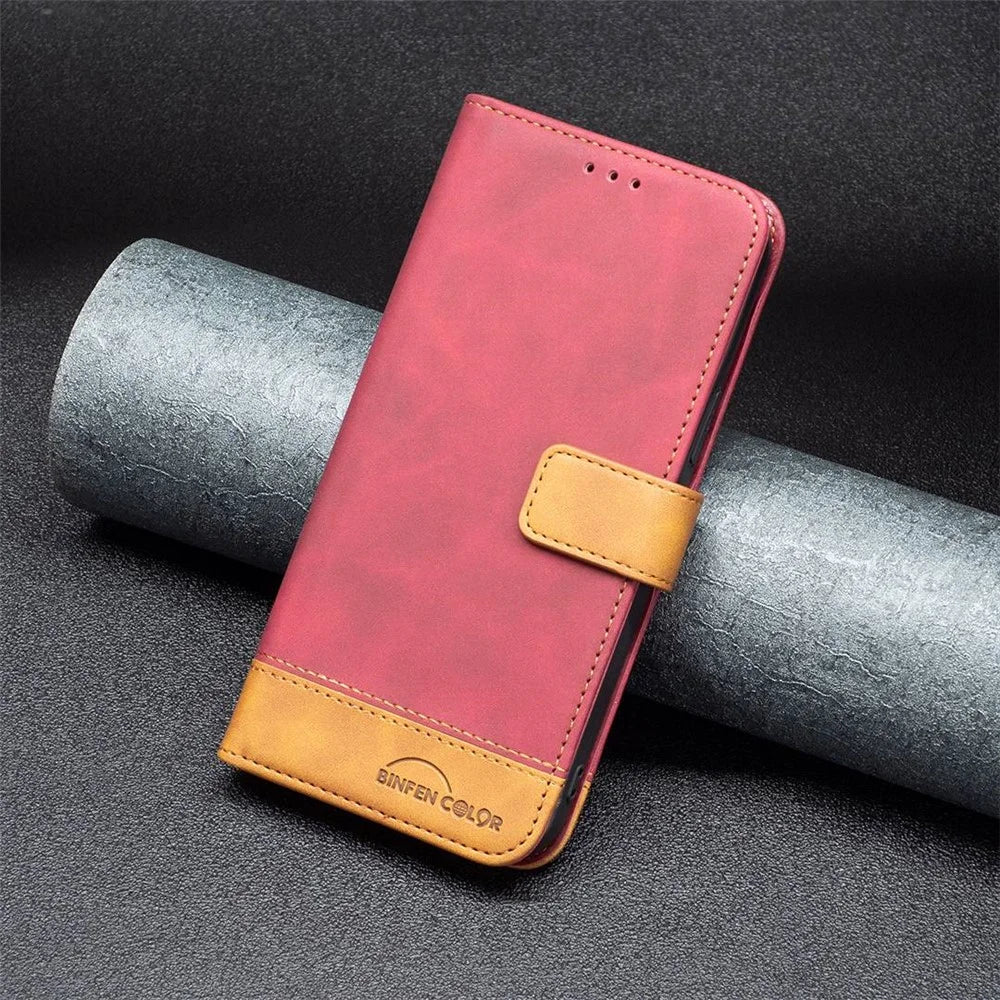 BINFEN COLOR for iPhone 14 Case Color Splicing Skin Touch Leather Phone Cover Wallet Stand - Red - 4