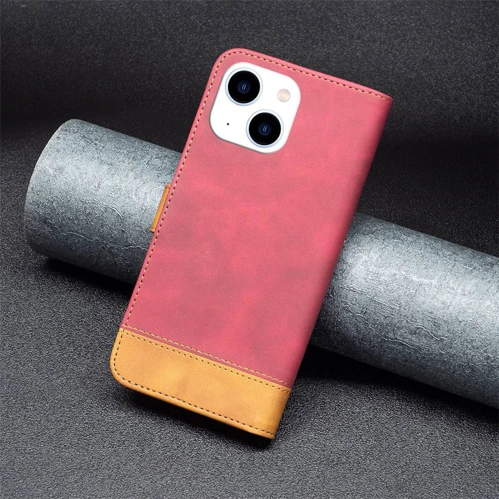 BINFEN COLOR for iPhone 14 Case Color Splicing Skin Touch Leather Phone Cover Wallet Stand - Red - 5