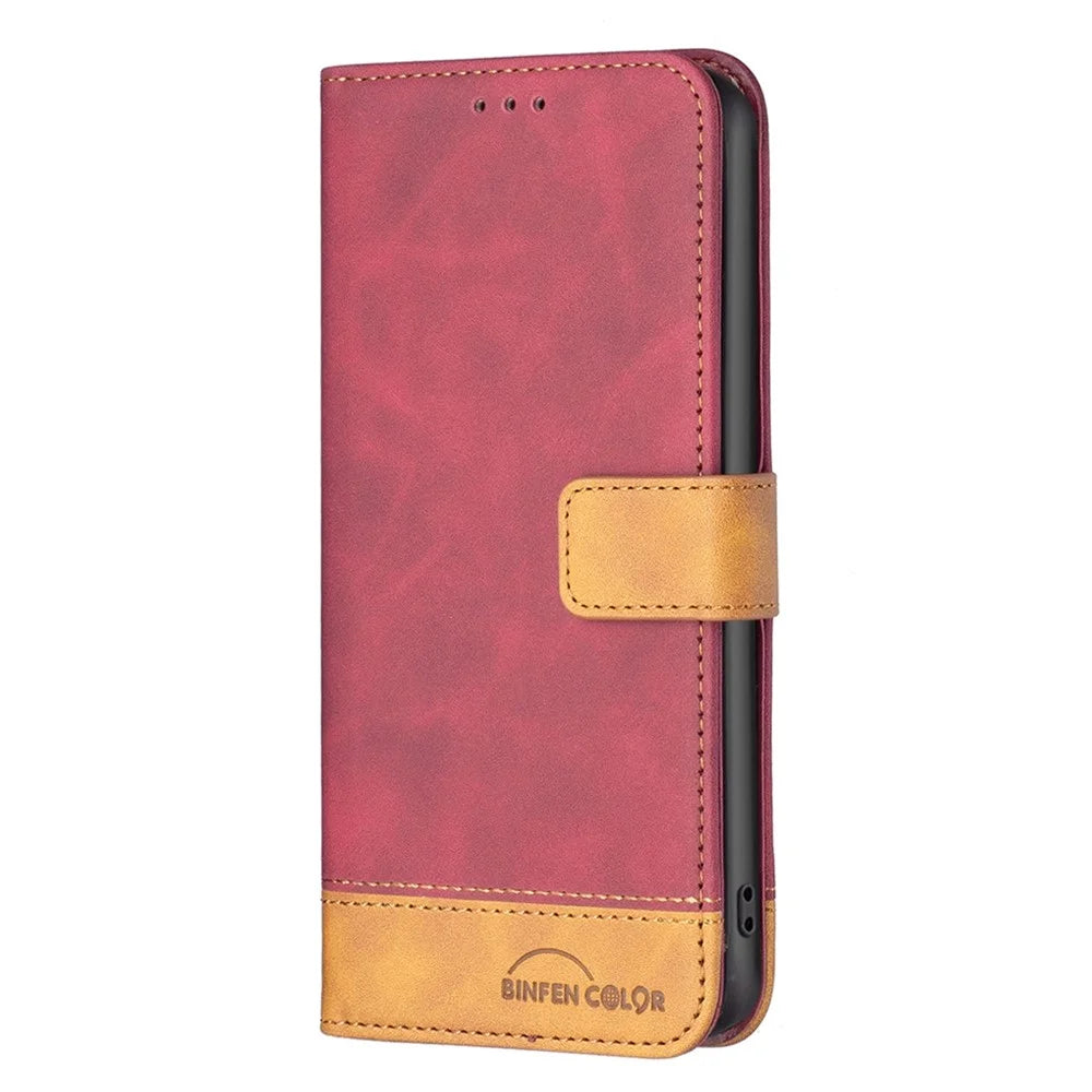 BINFEN COLOR for iPhone 14 Case Color Splicing Skin Touch Leather Phone Cover Wallet Stand - Red - 6