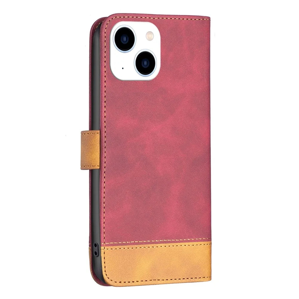 BINFEN COLOR for iPhone 14 Case Color Splicing Skin Touch Leather Phone Cover Wallet Stand - Red - 7