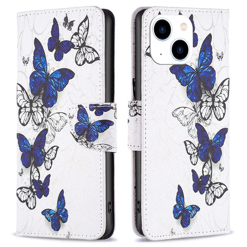For iPhone 14 Leather Case Pattern Printing Wallet Stand Flip Mobile Cover - Butterflies - 1
