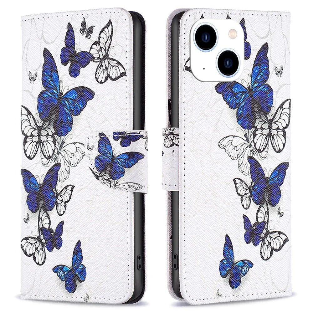 For iPhone 14 Leather Case Pattern Printing Wallet Stand Flip Mobile Cover - Butterflies - 1