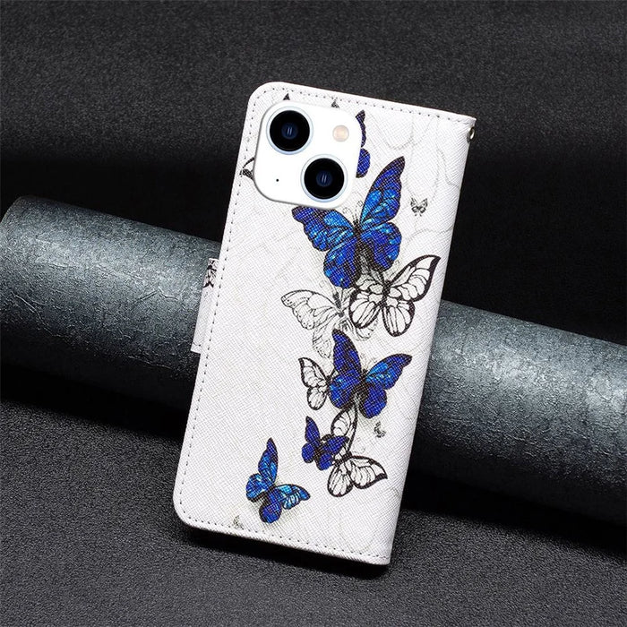 For iPhone 14 Leather Case Pattern Printing Wallet Stand Flip Mobile Cover - Butterflies - 5