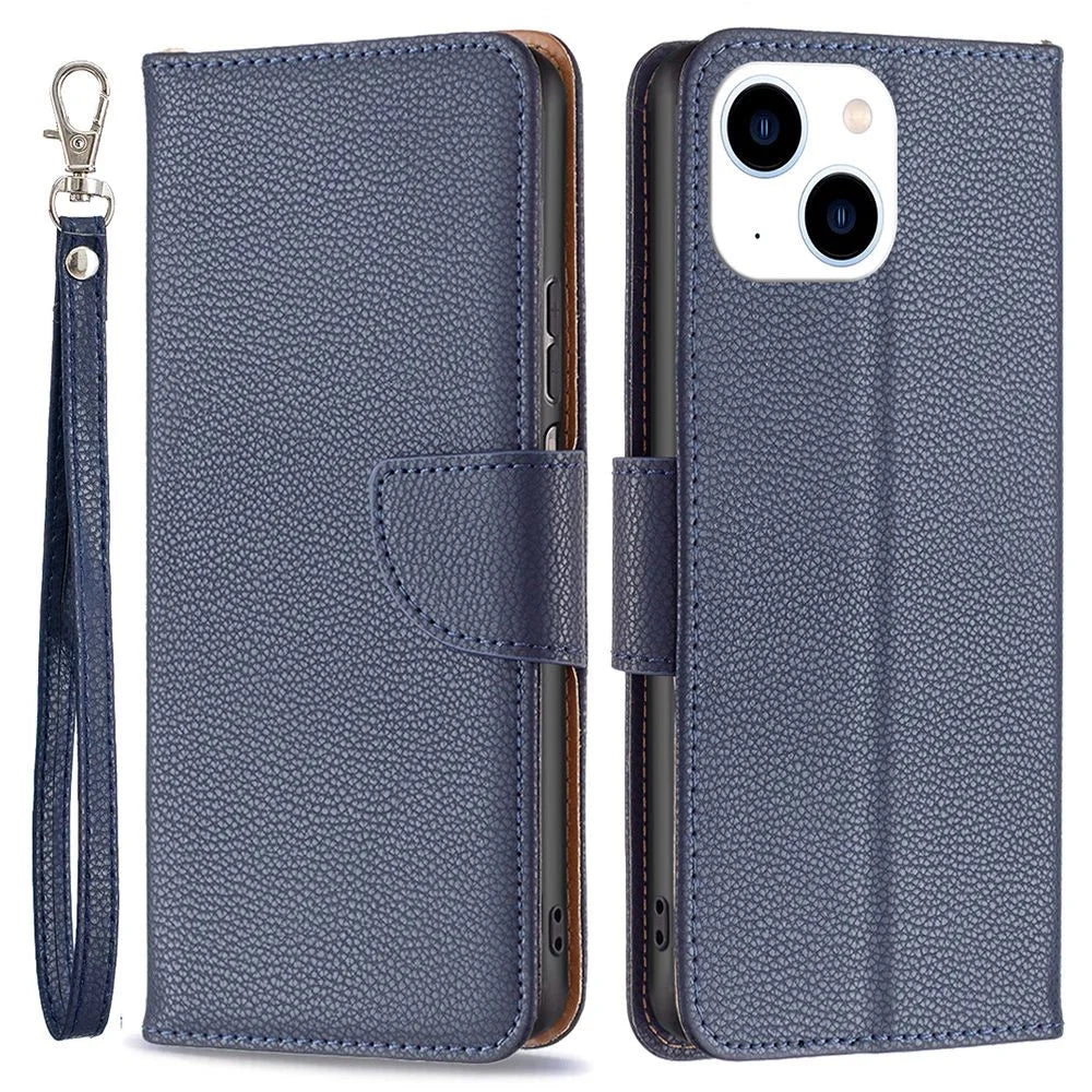 For iPhone 14 Wallet Case Litchi Texture Flip Leather Mobile Cover Stand with Strap - Dark Blue - 1