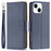 For iPhone 14 Wallet Case Litchi Texture Flip Leather Mobile Cover Stand with Strap - Dark Blue - 1